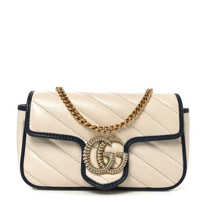 Vintage Effect Calfskin Matelasse Diagonal Super Mini Torchon GG Marmont Shoulder Bag Mystic White Blue Agata