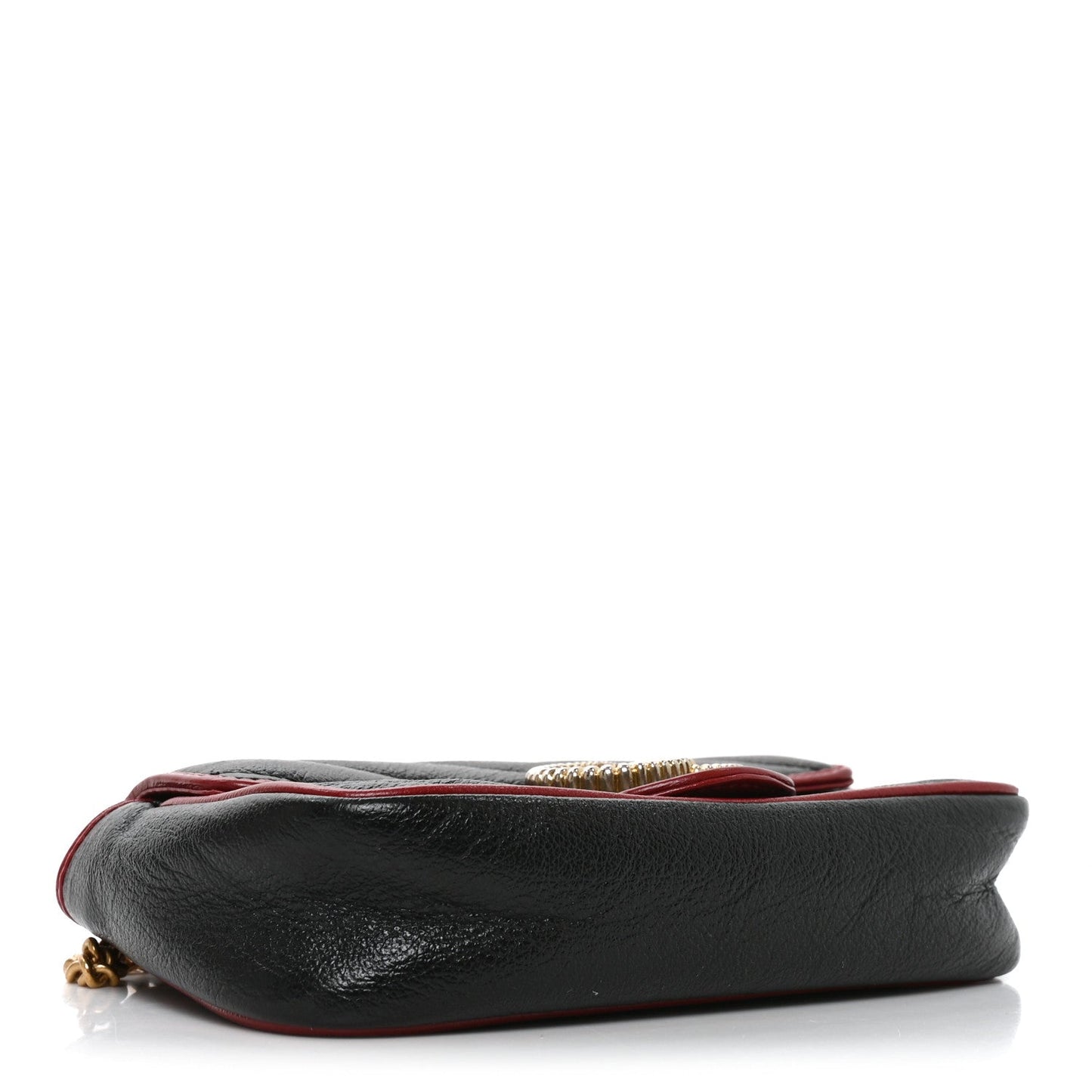 Vintage Effect Calfskin Matelasse Diagonal Super Mini Torchon GG Marmont Shoulder Bag Black Romantic Cherry