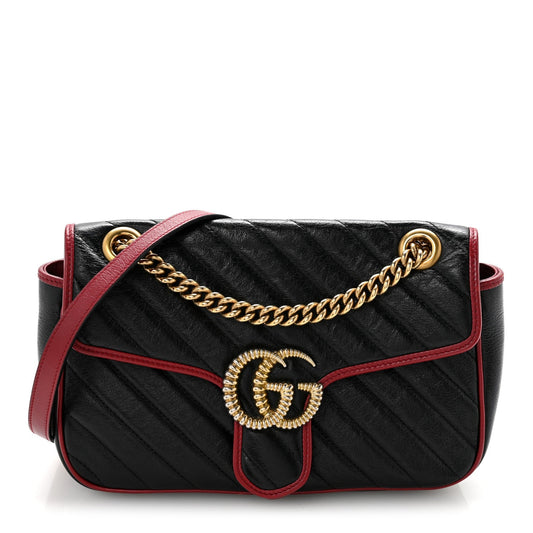 Vintage Effect Calfskin Matelasse Diagonal Small Torchon GG Marmont Shoulder Bag Black Romantic Cherry