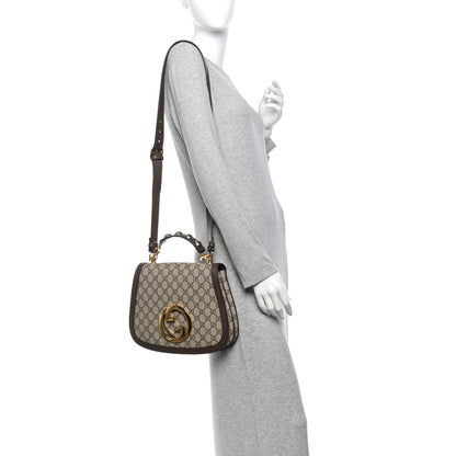 GG Supreme Monogram Textured Dollar Calfskin Web Medium Blondie Top Handle Shoulder Flap Bag Beige Ebony New Acero
