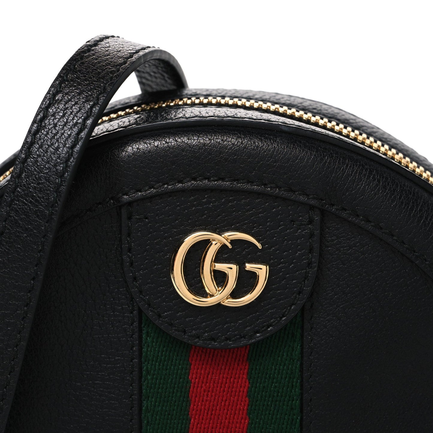 Grained Calfskin Web Mini Ophidia Round Shoulder Bag Black
