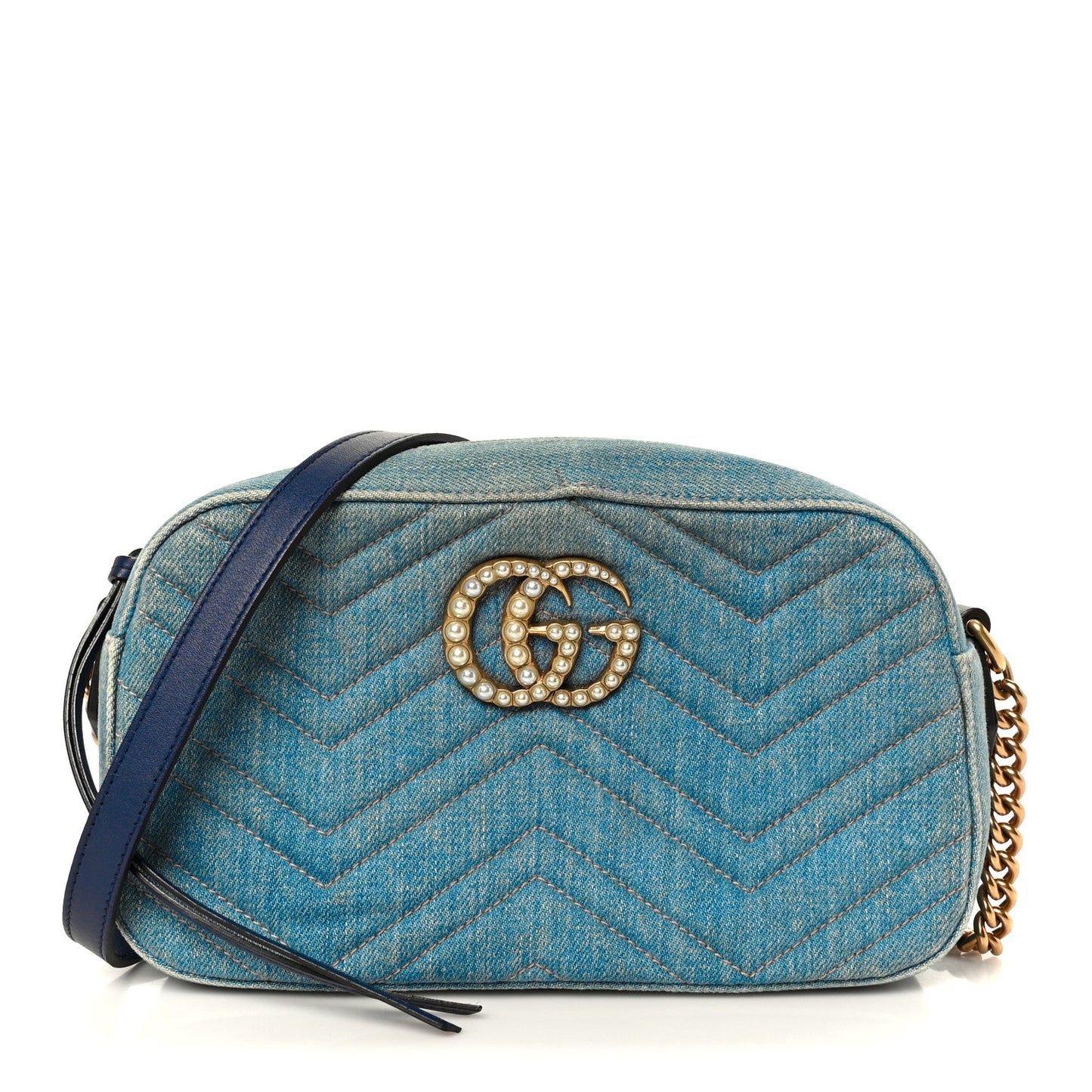 Denim Matelasse Small Pearly GG Marmont Chain Shoulder Bag Blue