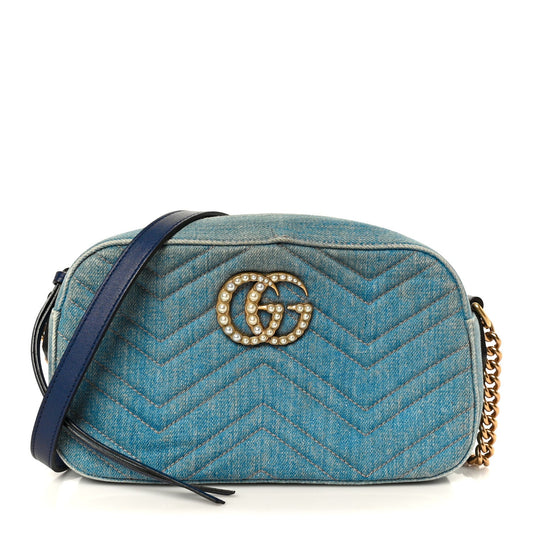 Denim Matelasse Small Pearly GG Marmont Chain Shoulder Bag Blue