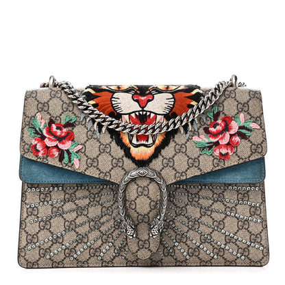 GG Supreme Monogram Angry Cat Embroidered Medium Dionysus Shoulder Bag Beige Ultramarine