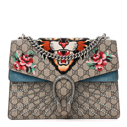 GG Supreme Monogram Angry Cat Embroidered Medium Dionysus Shoulder Bag Beige Ultramarine