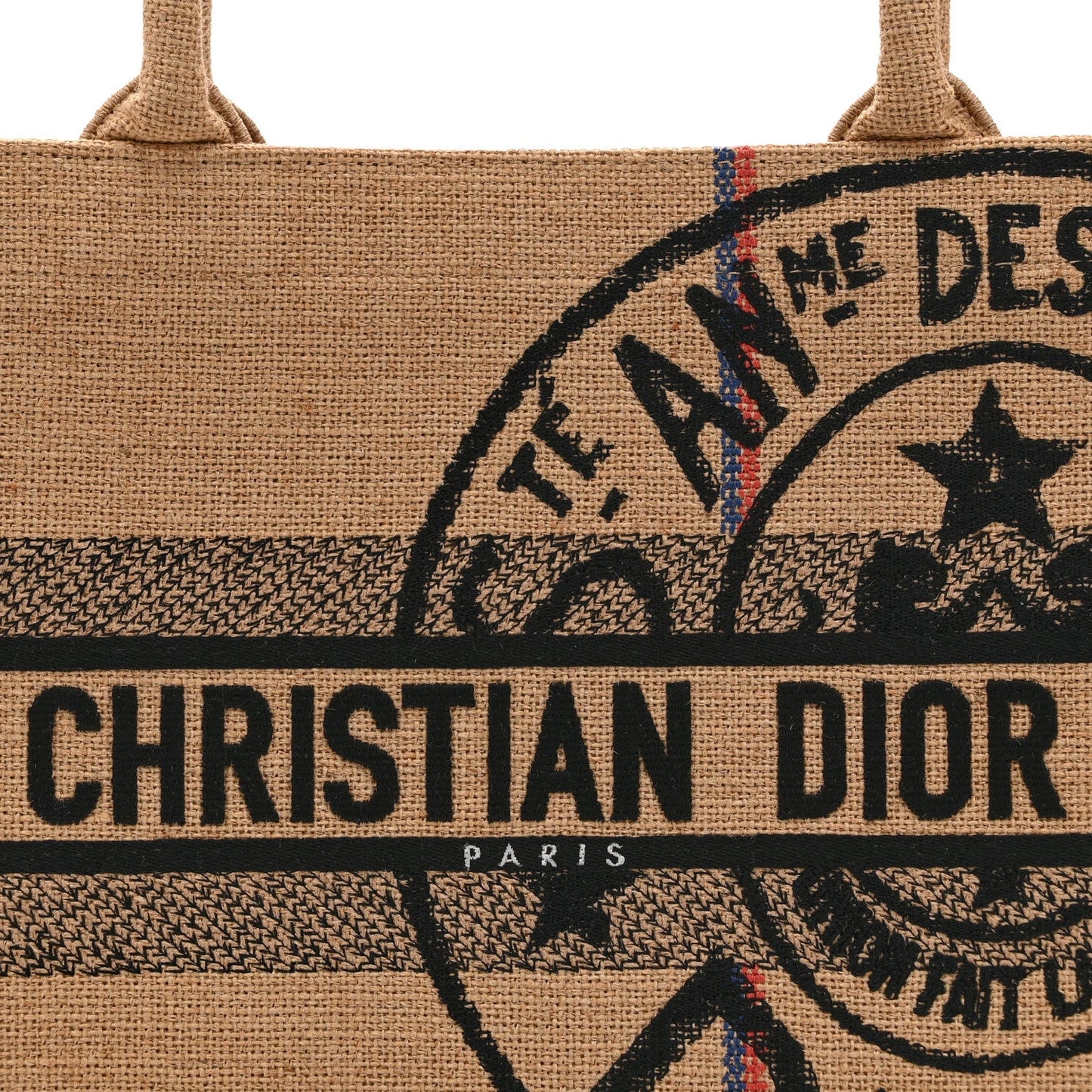 Canvas Jute Embroidered Medium Book Tote Black Beige