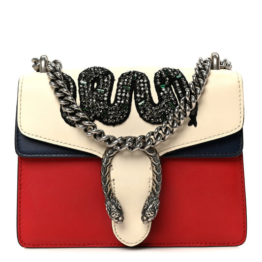 Calfskin Crystal Snake Embroidered Mini Dionysus Shoulder Bag Mystic White Hibiscus Red Blue Agata