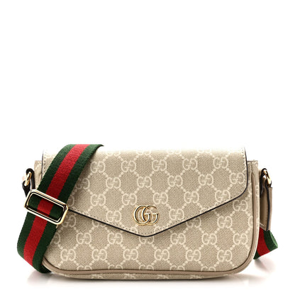 GG Supreme Monogram Textured Dollar Calfskin Web Mini Ophidia Envelope Shoulder Bag Beige Mystic White Oatmeal