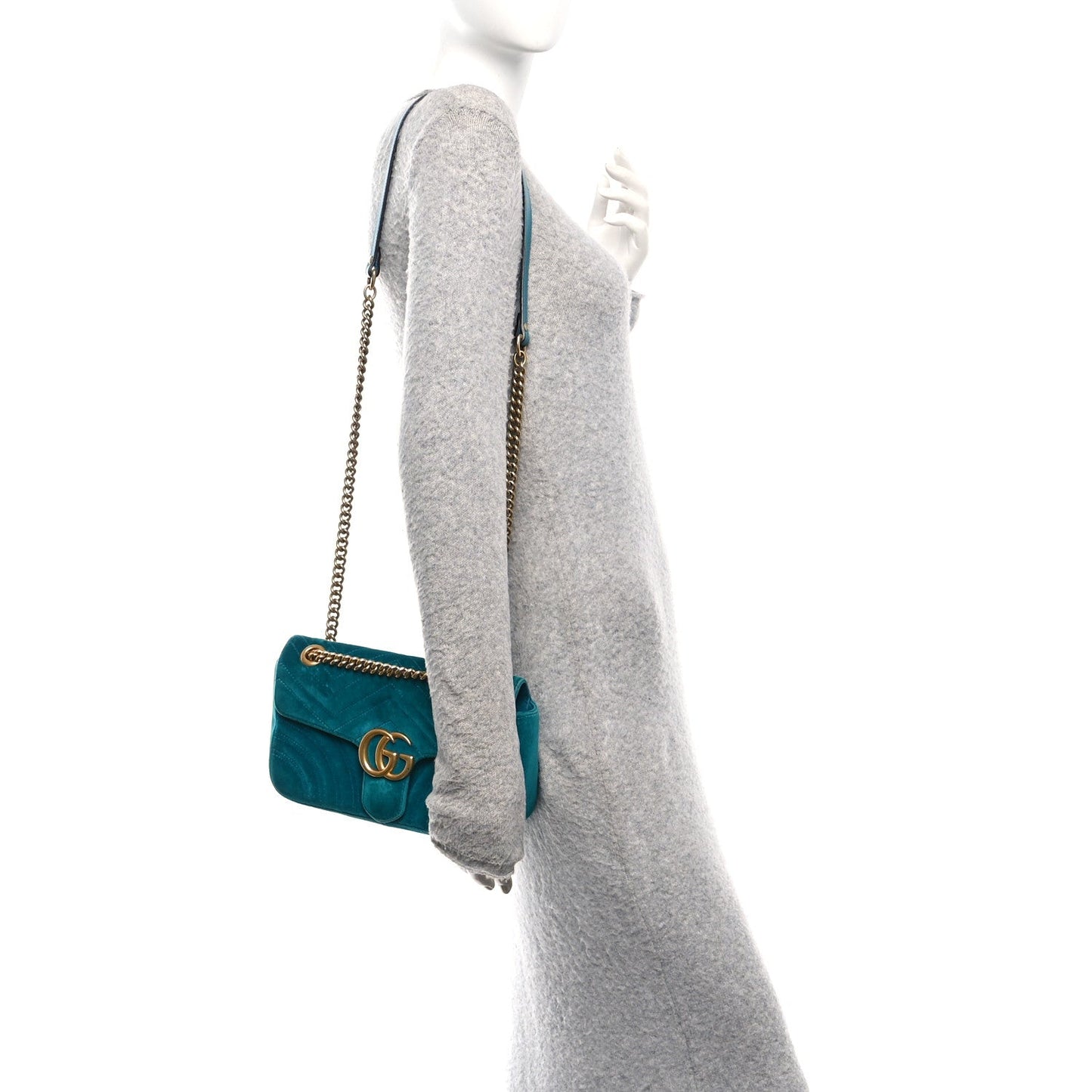Velvet Matelasse Small GG Marmont Shoulder Bag Pavone Cyan