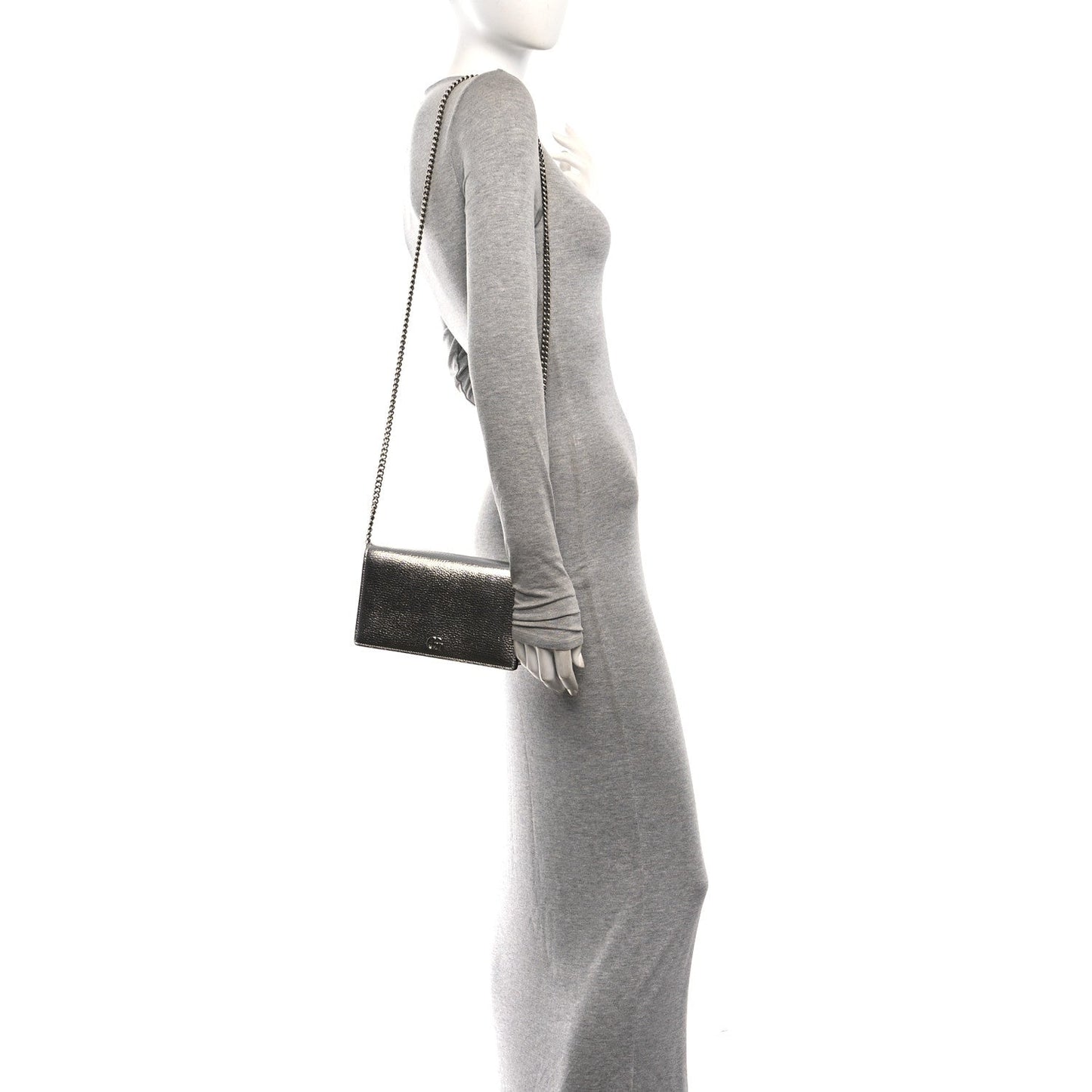 Metallic Dollar Calfskin Mini GG Marmont Chain Wallet Silver