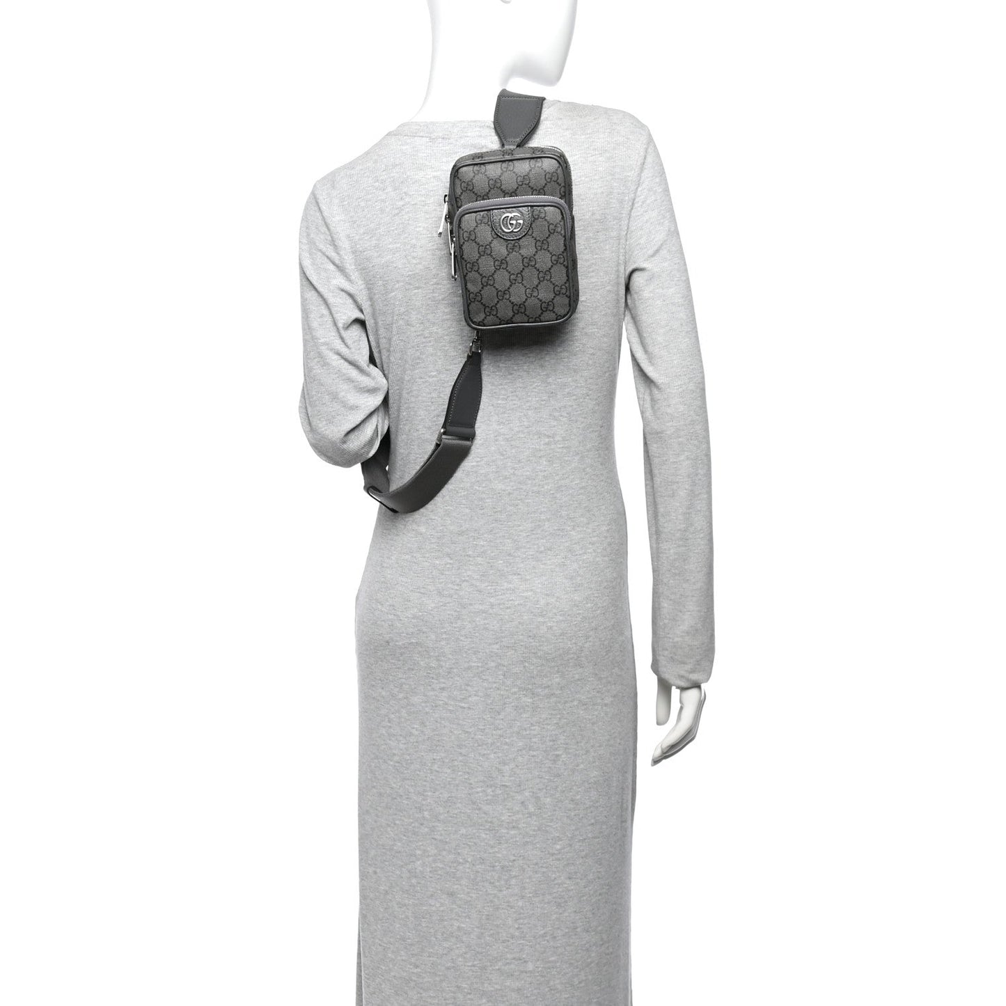 GG Supreme Monogram Textured Dollar Calfskin Mini Ophidia Messenger Grey Black Graphite Grey