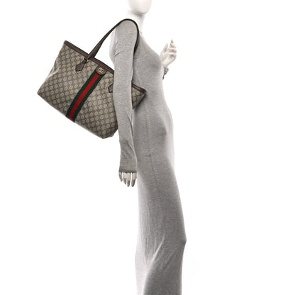 GG Supreme Monogram Textured Calfskin Web Medium Ophidia Shopping Tote Beige Ebony New Acero