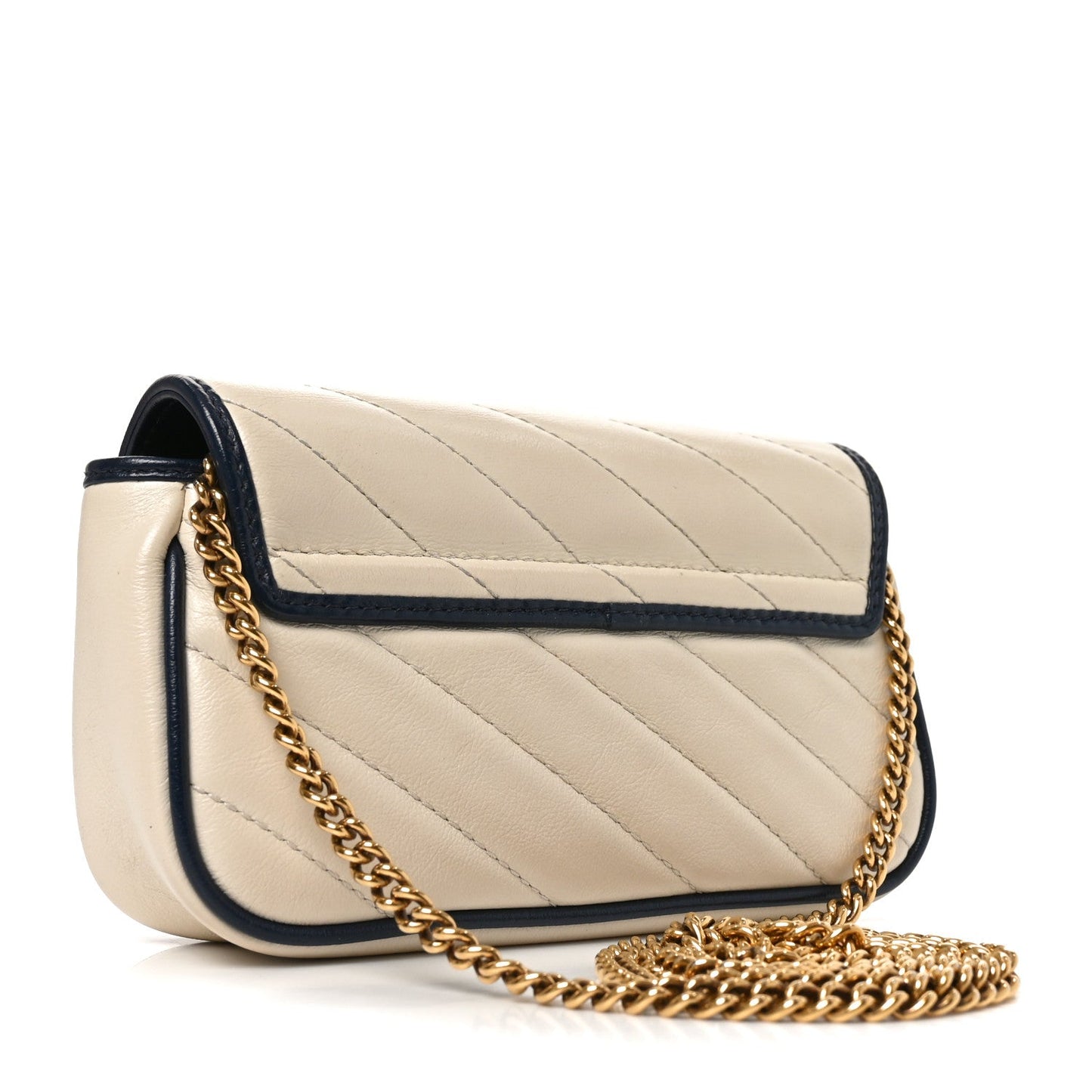 Vintage Effect Calfskin Matelasse Diagonal Super Mini Torchon GG Marmont Shoulder Bag Mystic White Blue Agata