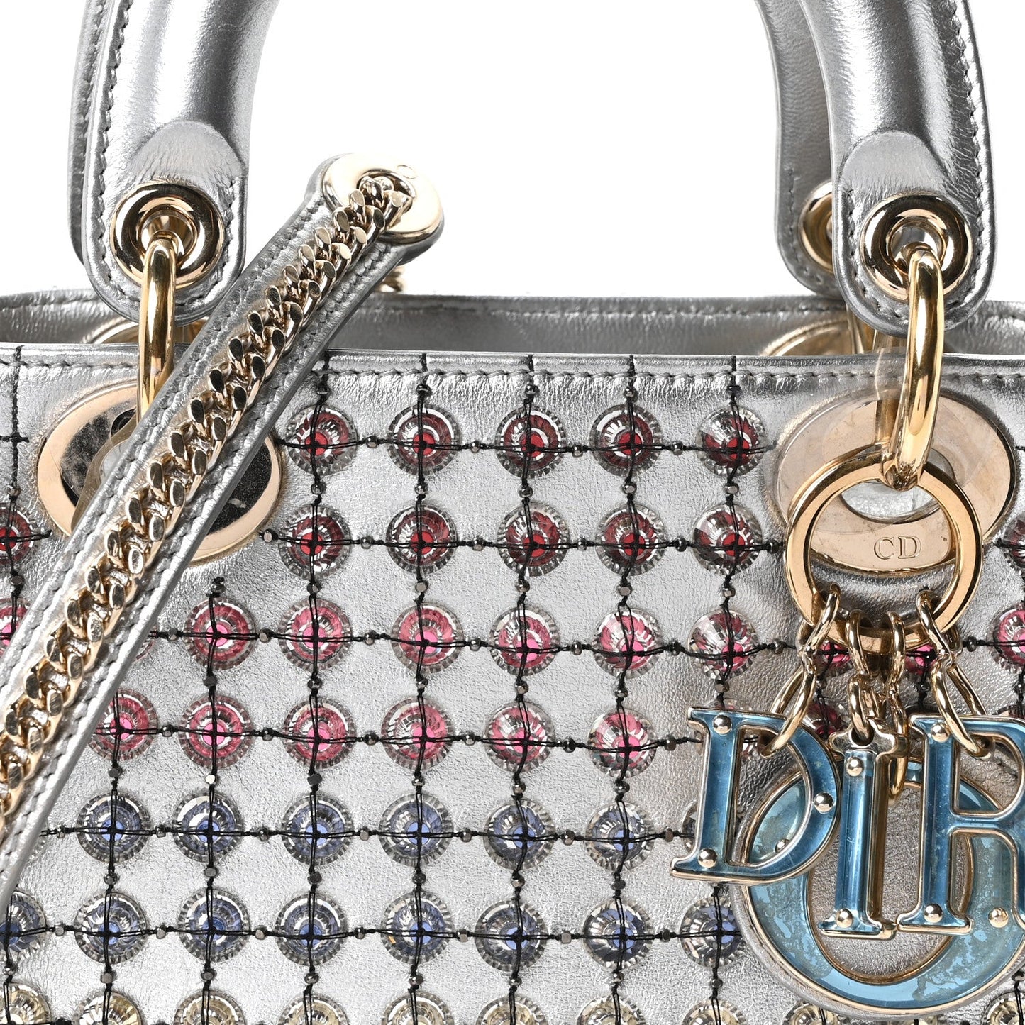 Metallic Calfskin Satin Celestial Bead Embroidery Cannage Mini Lady Dior Silver