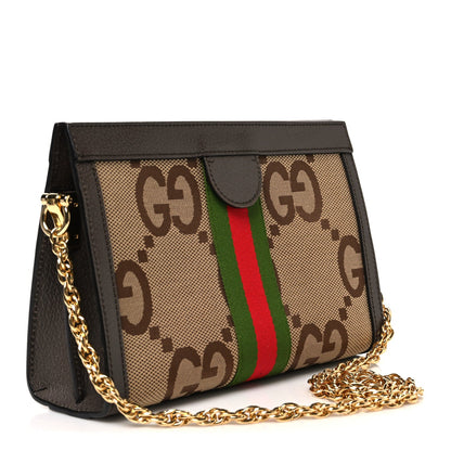 Monogram Jumbo GG Textured Dollar Calfskin Web Small Ophidia Chain Shoulder Bag Camel Ebony New Acero
