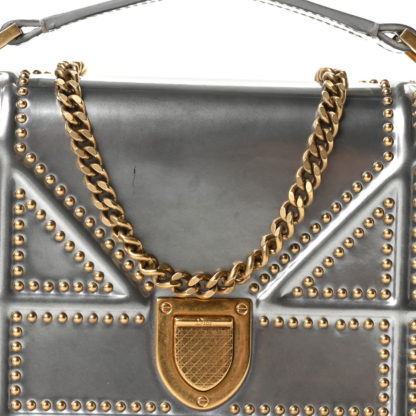 Metallic Patent Studded Diorama Top Handle Wallet on Chain Pouch Silver