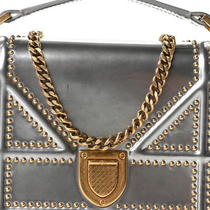 Metallic Patent Studded Diorama Top Handle Wallet on Chain Pouch Silver