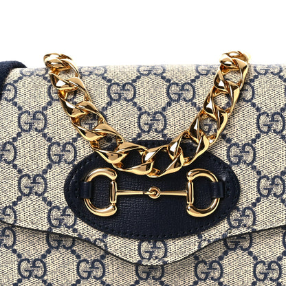 GG Supreme Monogram Azalea Calfskin Web Mini Horsebit 1955 Chain Shoulder Bag Beige Blue