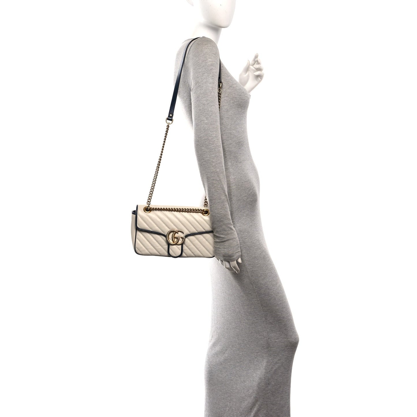 Vintage Effect Calfskin Matelasse Diagonal Small Torchon GG Marmont Shoulder Bag Mystic White Blue Agata