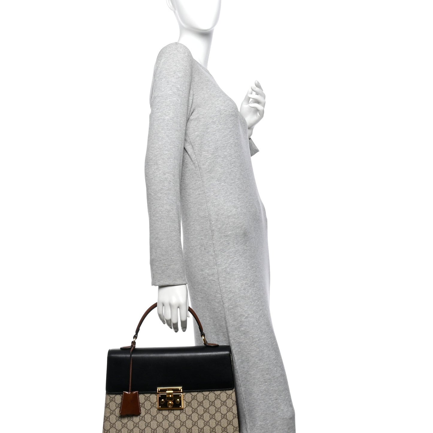 GG Supreme Monogram Calfskin Medium Padlock Top Handle Bag Beige Black Cuir