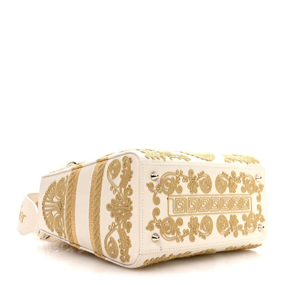 Calfskin Embroidered Medium Lady D-Lite White Gold