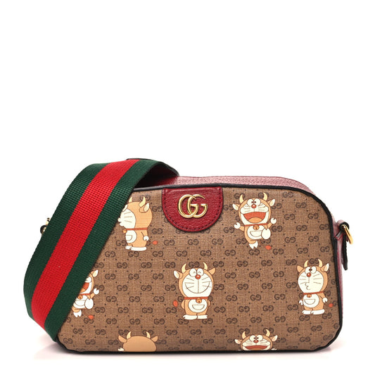 X DORAEMON Mini Vintage GG Supreme Monogram Shoulder Bag Beige Cherry Red