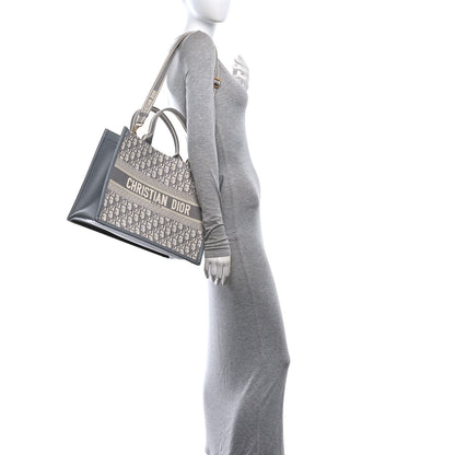 Oblique Chambray Calfskin Medium Book Tote With Strap Grey Latte