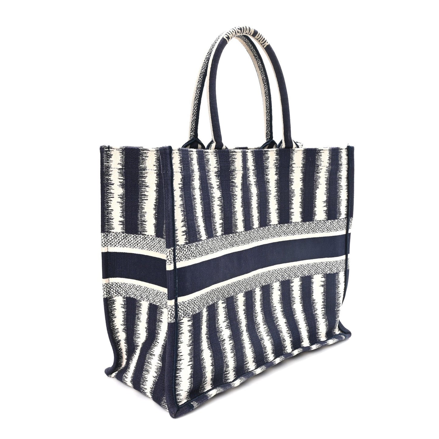 Canvas Embroidered Large Striped Book Tote Navy