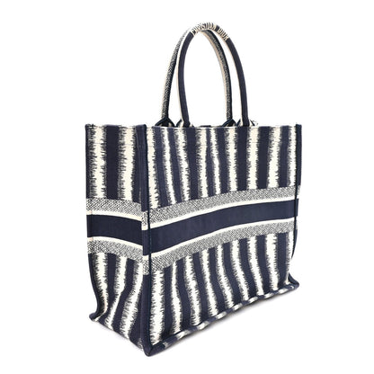 Canvas Embroidered Large Striped Book Tote Navy