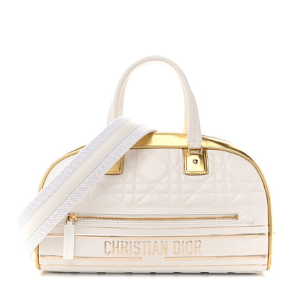Calfskin Padded Macrocannage Medium Dior Vibe Zip Bowling Bag White Gold