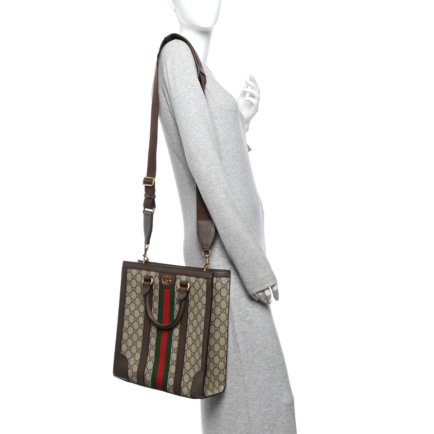 GG Supreme Monogram Textured Dollar Calfskin Web Medium Ophidia Tote Bag Beige Ebony