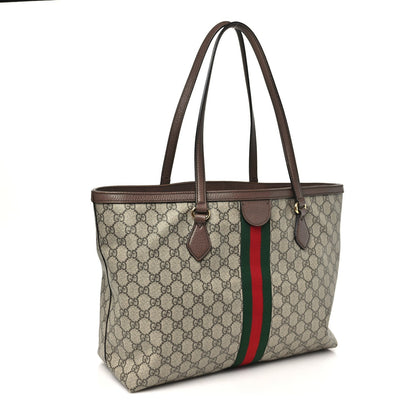 GG Supreme Monogram Textured Calfskin Web Medium Ophidia Shopping Tote Beige Ebony New Acero