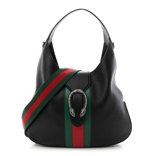 Calfskin Web Stripe Medium Dionysus Hobo Black