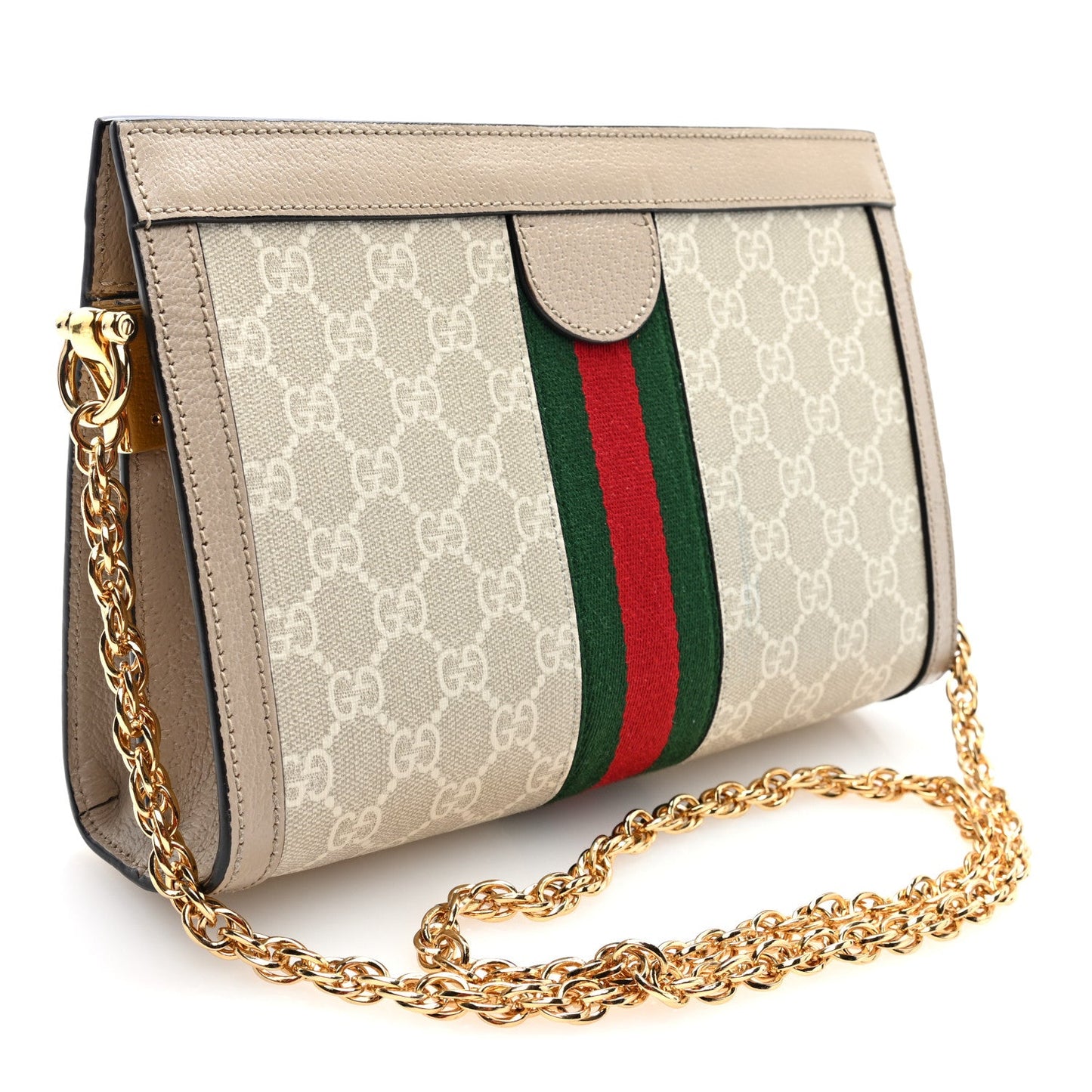 GG Supreme Monogram Textured Dollar Calfskin Web Small Ophidia Chain Shoulder Bag Beige Mystic White Oatmeal