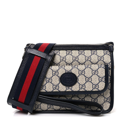 GG Supreme Monogram Azalea Calfskin Retro Interlocking G Wristlet Messenger Bag Beige Blue