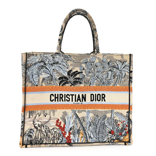 Canvas Embroidered Toile De Jouy Tropicalia Large Book Tote Denim Blue