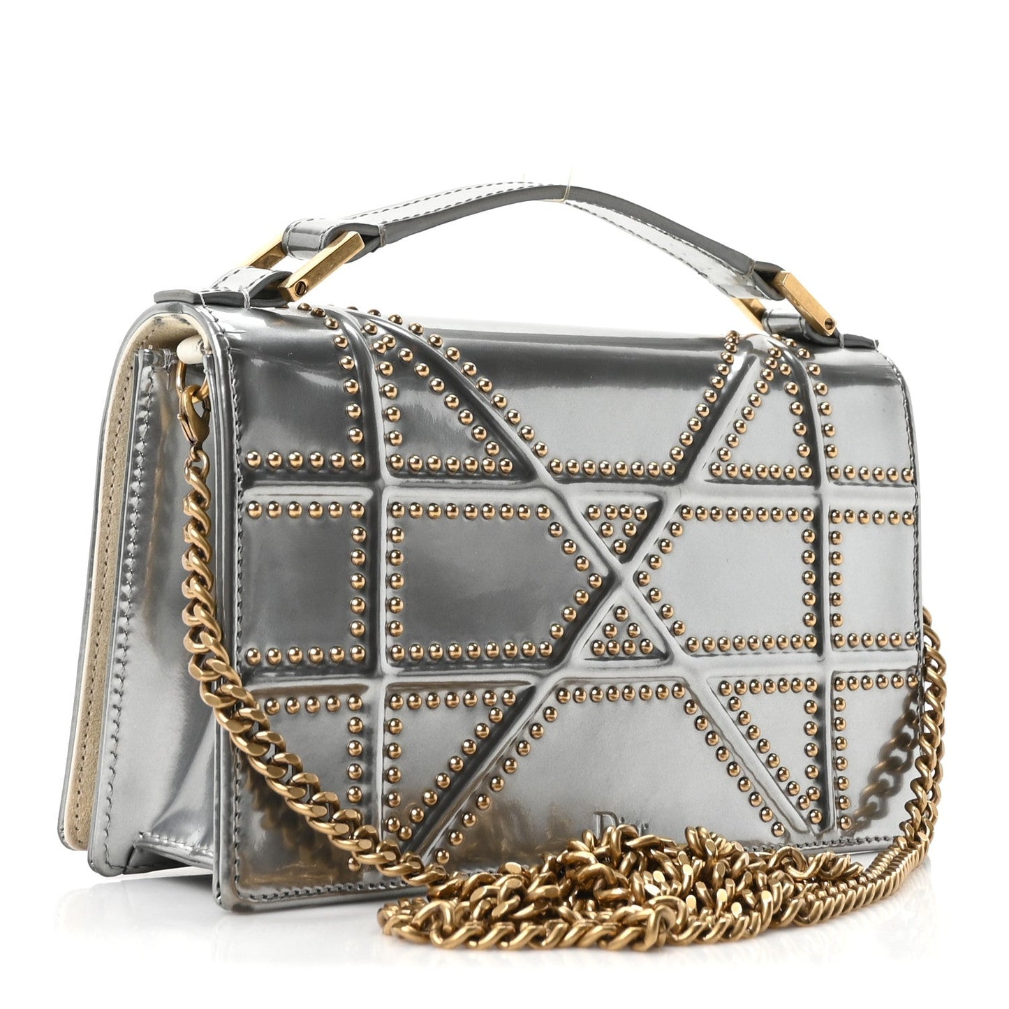 Metallic Patent Studded Diorama Top Handle Wallet on Chain Pouch Silver