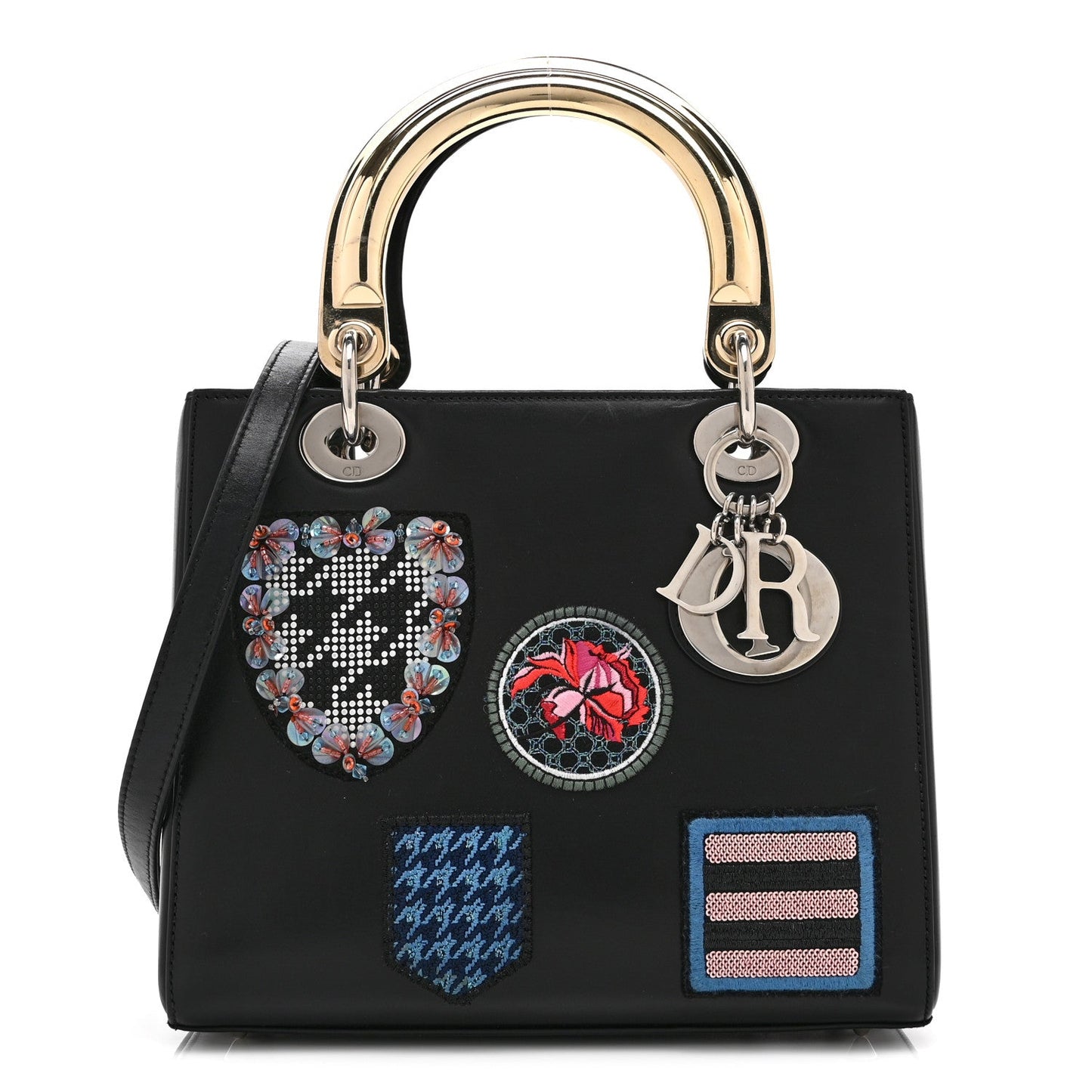 Smooth Calfskin Embroidered Beaded Floral Medium Lady Dior Black