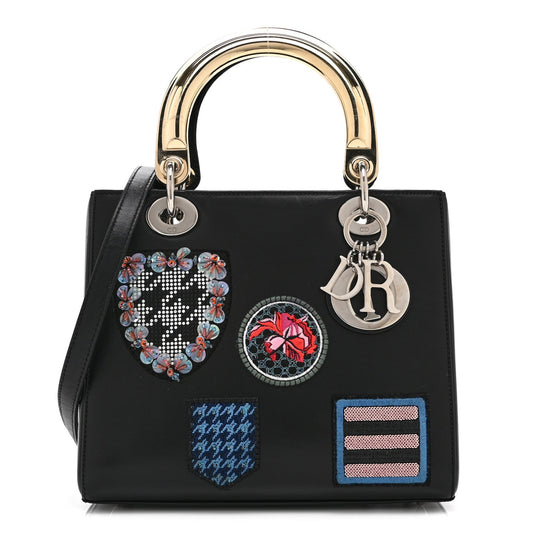 Smooth Calfskin Embroidered Beaded Floral Medium Lady Dior Black