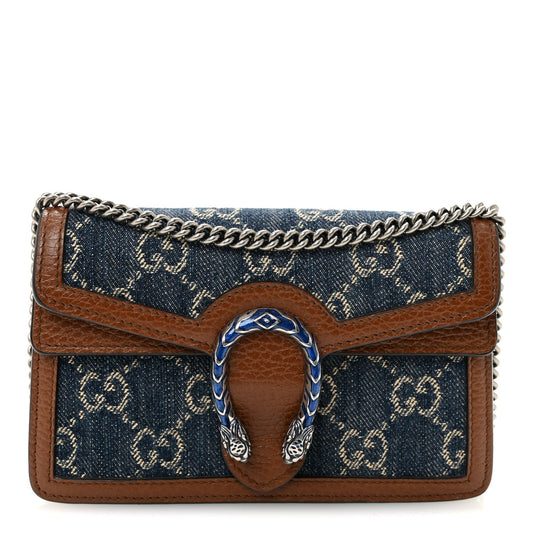 New Denim GG Monogram Dollar Calfskin Enamel Super Mini Dionysus Shoulder Bag Blue Tea Cuir Epilog Electric Blue