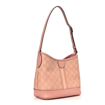 GG Supreme Monogram Textured Dollar Calfskin Web Small Ophidia Bucket Shoulder Bag Rose Pink