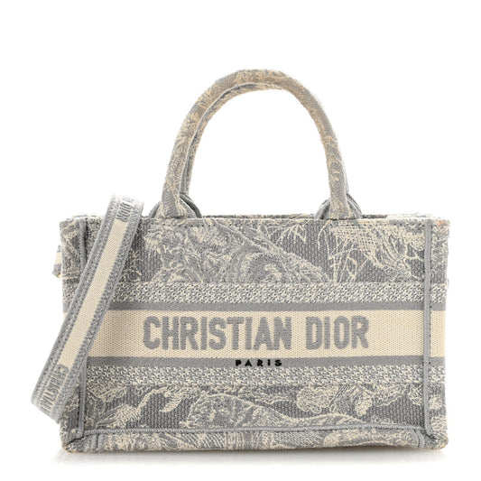 Canvas Embroidered Toile De Jouy Reverse Mini Book Tote With Strap Grey