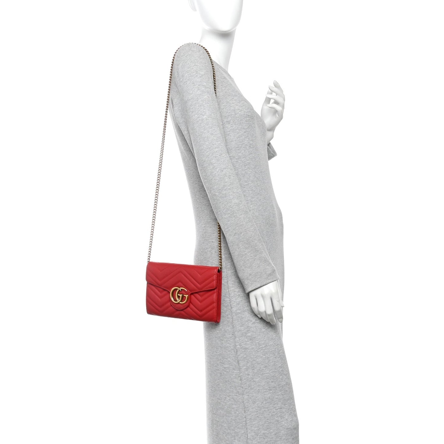 Calfskin Matelasse Mini GG Marmont Chain Wallet Hibiscus Red