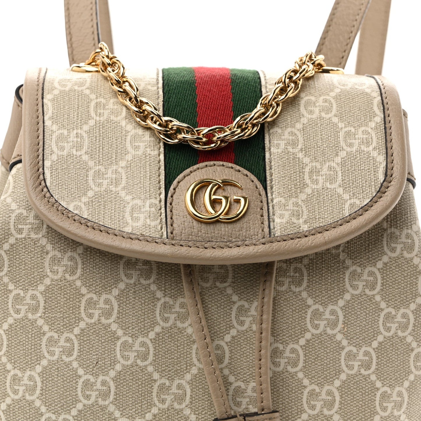 GG Supreme Monogram Textured Dollar Calfskin Web Mini Chain Drawstring Backpack Beige Mystic White Oatmeal