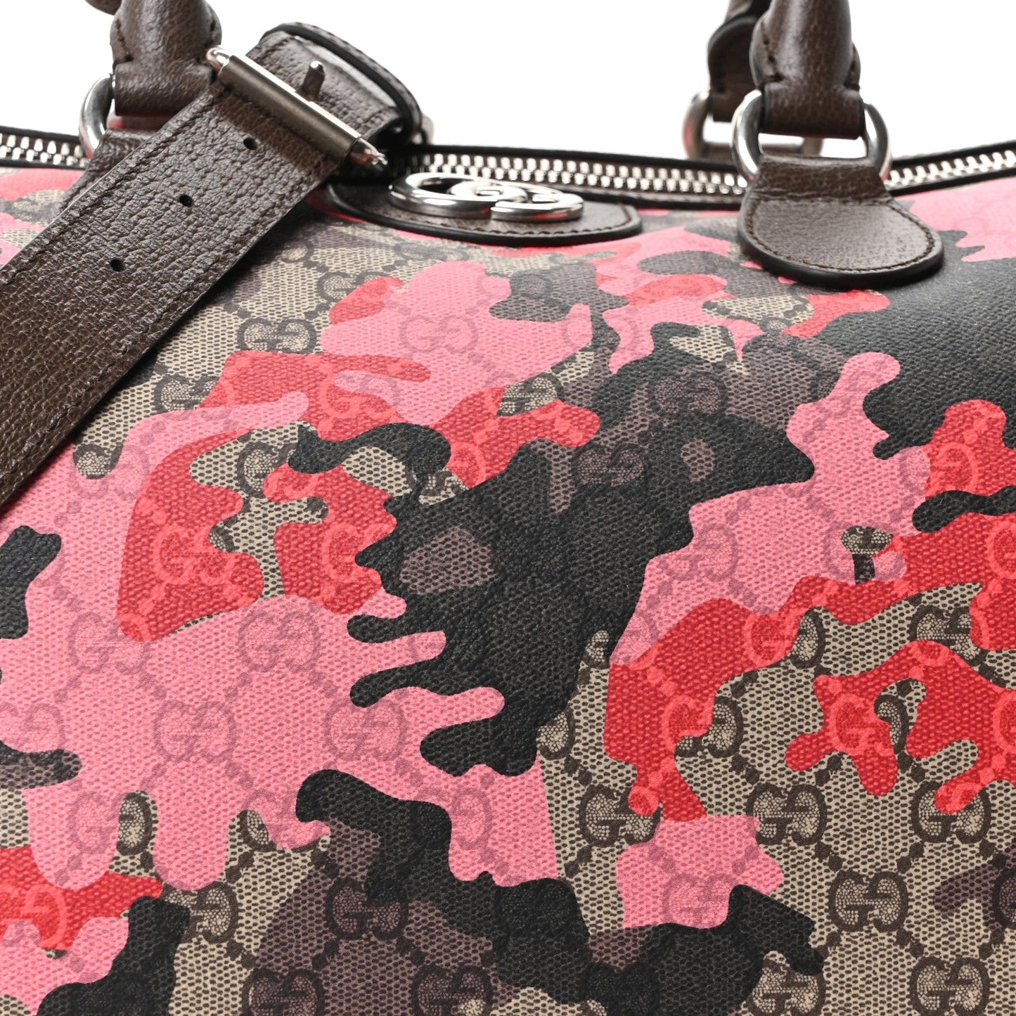 GG Supreme Monogram Camouflage Textured Dollar Calfskin Medium Savoy Duffle Bag Beige Pink Red