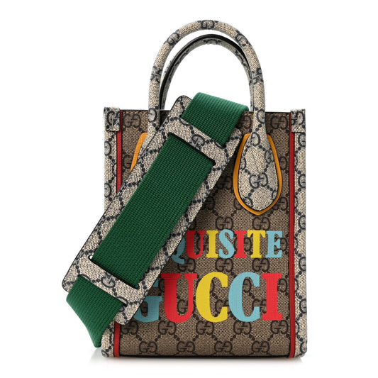 GG Supreme Monogram Exquisite Mini Vertical Tote Beige Ebony Blue Crop Live Red