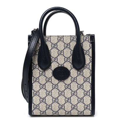 GG Supreme Monogram Textured Dollar Calfskin Mini Retro Interlocking G Tote Bag Beige Blue