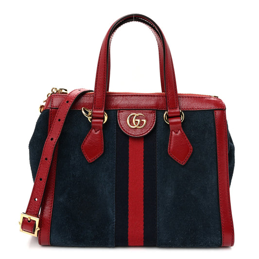 Suede Calfskin Web Small Ophidia Tote Bag New Blue Romantic Cherry
