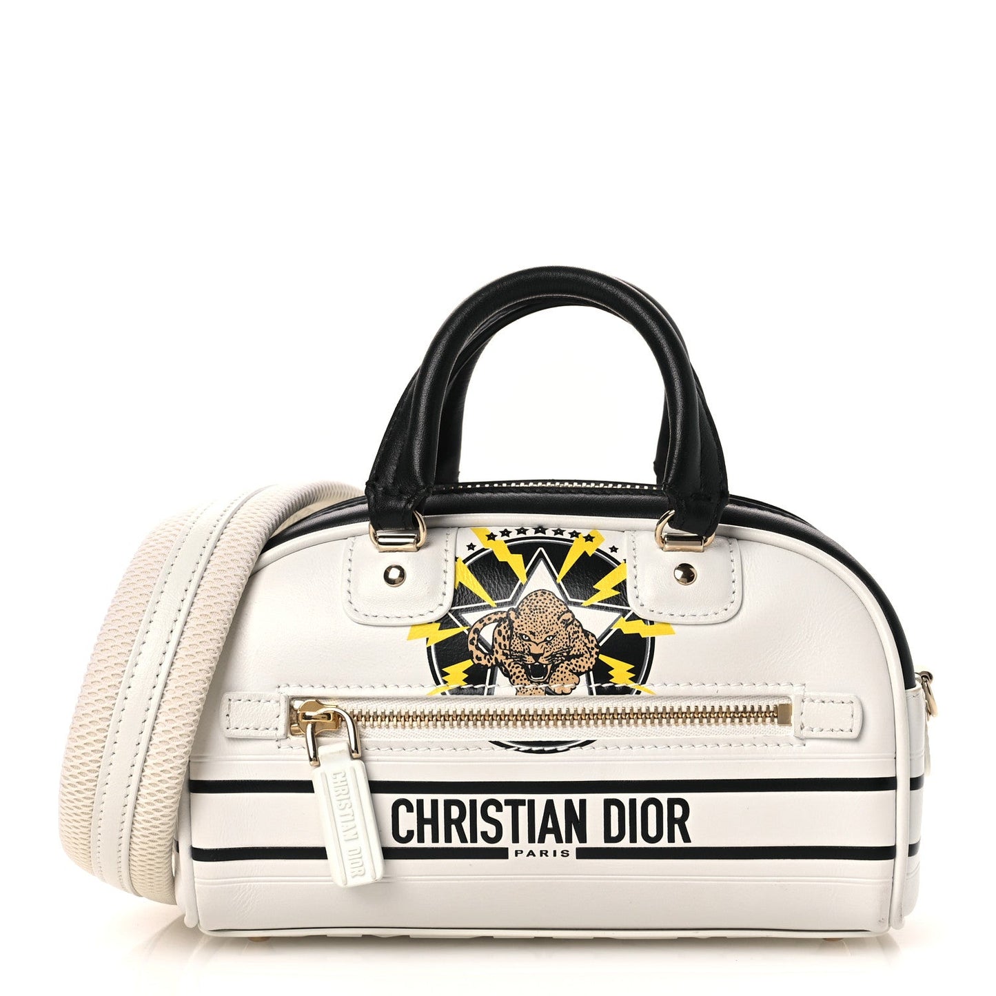 Calfskin Animal Print Micro Dior Vibe Zip Bowling Bag White Multicolor