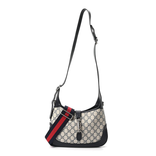 GG Supreme Monogram Textured Dollar Calfskin Web Small Jackie 1961 Hobo Beige Blue